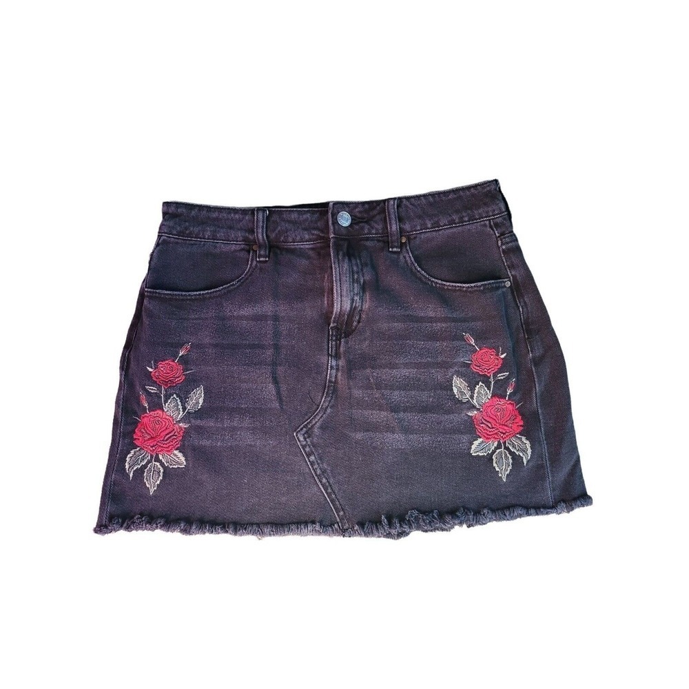 Pacsun Denim Skirt 28 Womens Mini Black Embroidered Raw Hem